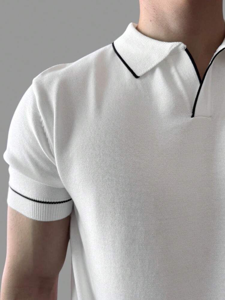 Men's Summer Half-Zip Solid Color White/Black Decorative Trim Knit Top