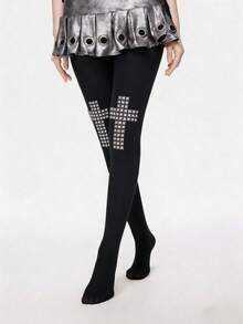 ROMWE Kawaii 1 pieza de medias de unicolor con remaches estilo punk, leggings con patrón geométrico Y2K, medias elásticas translúcidas - Remache cuadrado - Ver 4