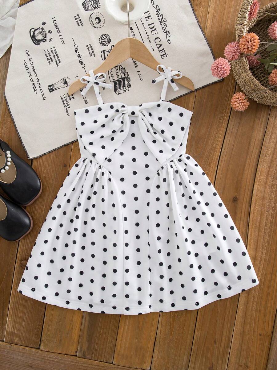 SHEIN Váy thường ngày thắt nơ trước in chấm bi cho bé gái - Đen và trắng - Xem 1