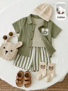 SHEIN 2pcs Unisex Baby Boy/Girl Casual Vacation Style Short Sleeve Shirt And Striped Shorts Set, Baby Boy Outfit Sets, Baby Boy Summer Clothes - Green - View 1