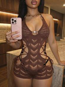 Soleia Women's Solid Color Hollow Out Knitted Backless Halter Romper - Coffee Brown - View 1