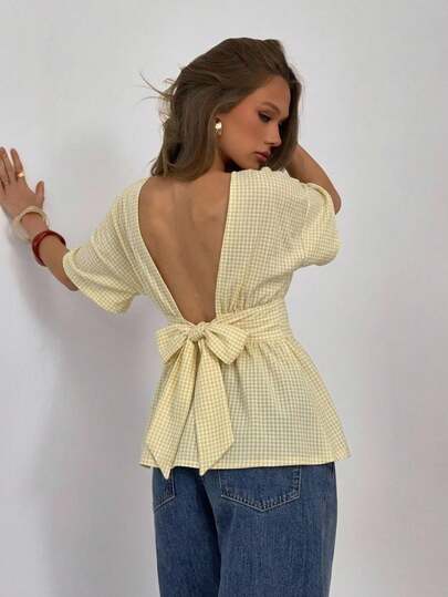 Aloruh Blusa elegante da donna con scollo tondo, schiena scoperta e fiocco decorativo, bianco latte