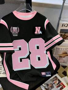 SHEIN Sparklyn 女童 Tech Youth 系列拼色數字 28 印花運動 T 恤，粉黑配色夏季休閒校園返校男孩女孩青少年 T 恤球衣 - 彩色 - 查看 1