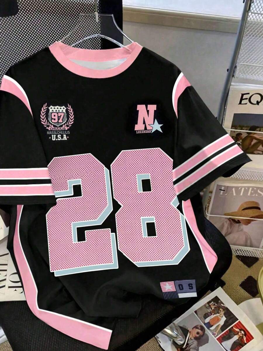 SHEIN Sparklyn 女童 Tech Youth 系列拼色數字 28 印花運動 T 恤,粉黑配色夏季休閒校園返校男孩女孩青少年 T 恤球衣 - 彩色 - 查看 1