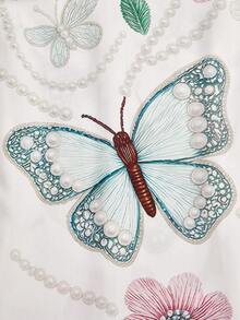 SHEIN Franclia 女款優雅休閒A字無袖短洋裝，3D花卉刺繡與蝴蝶印花，白色洋裝，舞會禮服，春夏洋裝，沙灘穿搭，優雅派對洋裝，休閒洋裝，婚禮賓客禮服，女款奢華晚禮服，女款度假穿搭，女款畢業洋裝，女款生日洋裝，夏季假期穿搭，女款通勤上班穿著 - 白色 - 查看 5
