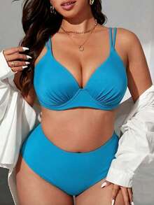 SHEIN Swim Curve 大码女式新款纯色硬杯钢圈高腰比基尼套装，可调节肩带，优雅时尚性感休闲度假沙滩泳装 - 水鴨藍 - 查看 3
