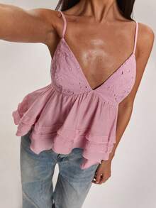 SHEIN BAE Women's Pastal Linen Fabric Lace Embroidery Patchwork Ruffle Strap Camisole,Summer Boho Sexy Vacation Beach Golf Top,Elegant Off-Shoulder Cute Blouse - Yellow - View 7