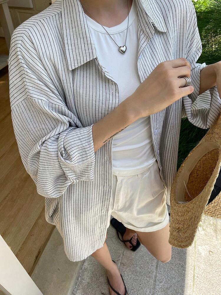 Striped Lapel Loose Casual Long Sleeve Shirt For Teenage Girls