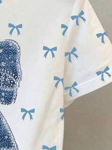 Tween Girls' Casual Minimalist Blue Big Bow Print Short Sleeve Round Neck T-Shirt, Sweet & Cute, Fashionable, Suitable For Summer Daily Wear - Multicolor - View 4