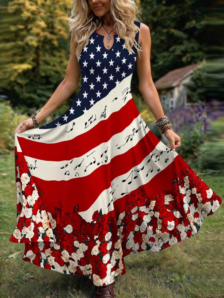 EMERY ROSE Plus Size Women's 4th Of July American Flag Maxi Dress, Patriotic Stars And Stripes Notched V-Neck Sleeveless Long Dress With Floral & Music Note Print, Independence Day Party Outfit - Multicolor - View 1