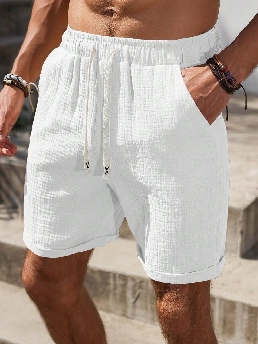 Genlund Shorts de algodón puro texturizado con cintura con cordón y bolsillos para hombre, vacaciones - Blanco - Ver 1