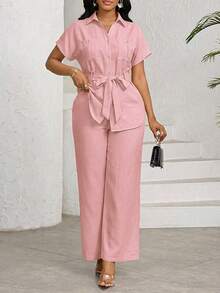 SHEIN Lady Women's Dusty Pink Two Piece Outfit Short Sleeve Collared Button-Up Top With Tie Waist And Wide Leg Pants Set,Summer Outfits For Women Office Casual - Pink - View 4