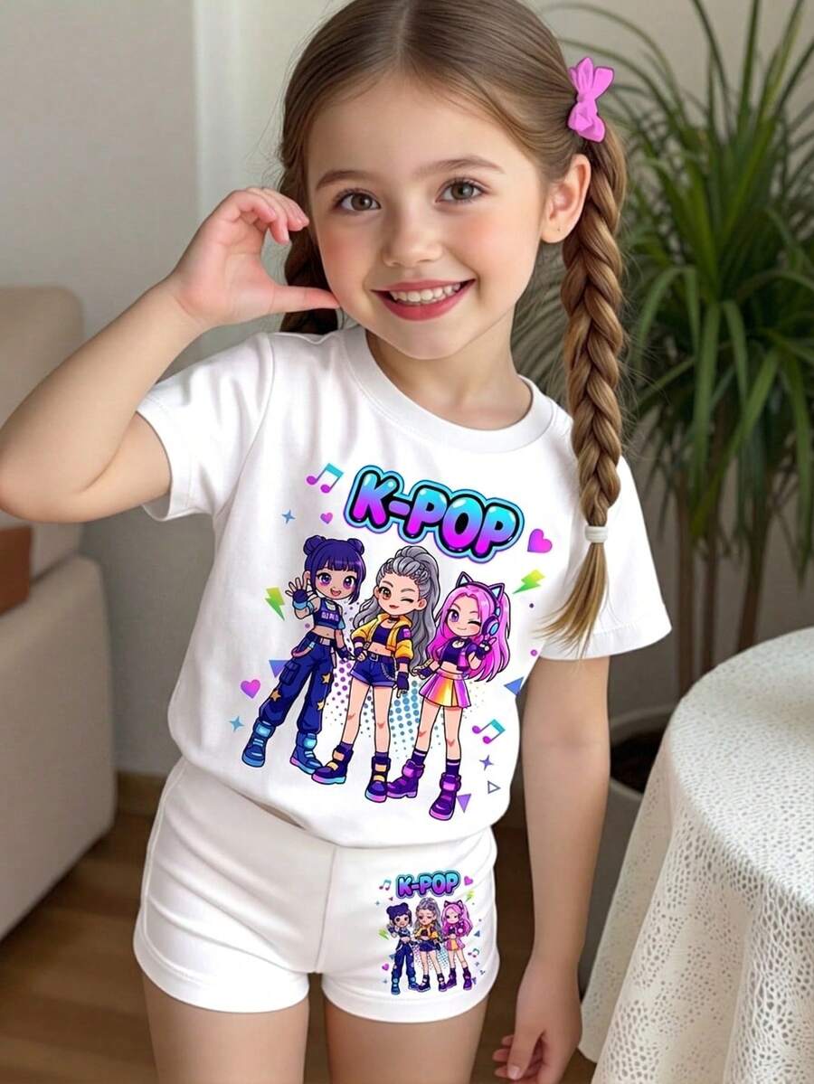 2pcs/Set Cartoon Young Girl, Cream White, K-Pop Superstars Cartoon Girl Group Print, Round Neck Short Sleeve Shorts Set, Suitable For Summer - Multicolor - View 1