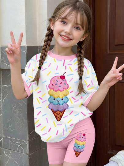 1 Set Girls Cute Rainbow Ice Cream Print Short Sleeve T-Shirt And Shorts Summer Outfit, Casual Suit For Outdoor Play