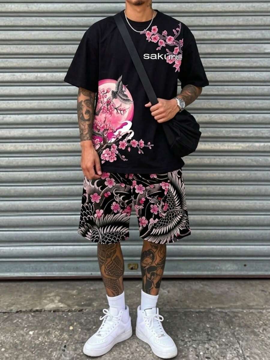 Torvinic 街头风宽松休闲日式樱花仙子印花黑色短袖T恤短裤套装，适合夏季穿着 - 白色 - 查看 1