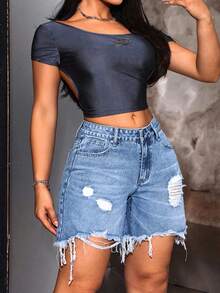 Jeanoix Quần short denim nữ cỡ lớn, rách gối, gấu quần tua rua, kiểu dáng thường ngày. - Màu xanh lam - Xem 6