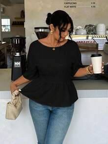 Firerie Plus Size Solid Color Minimalist Backless Blouse - Black - View 3