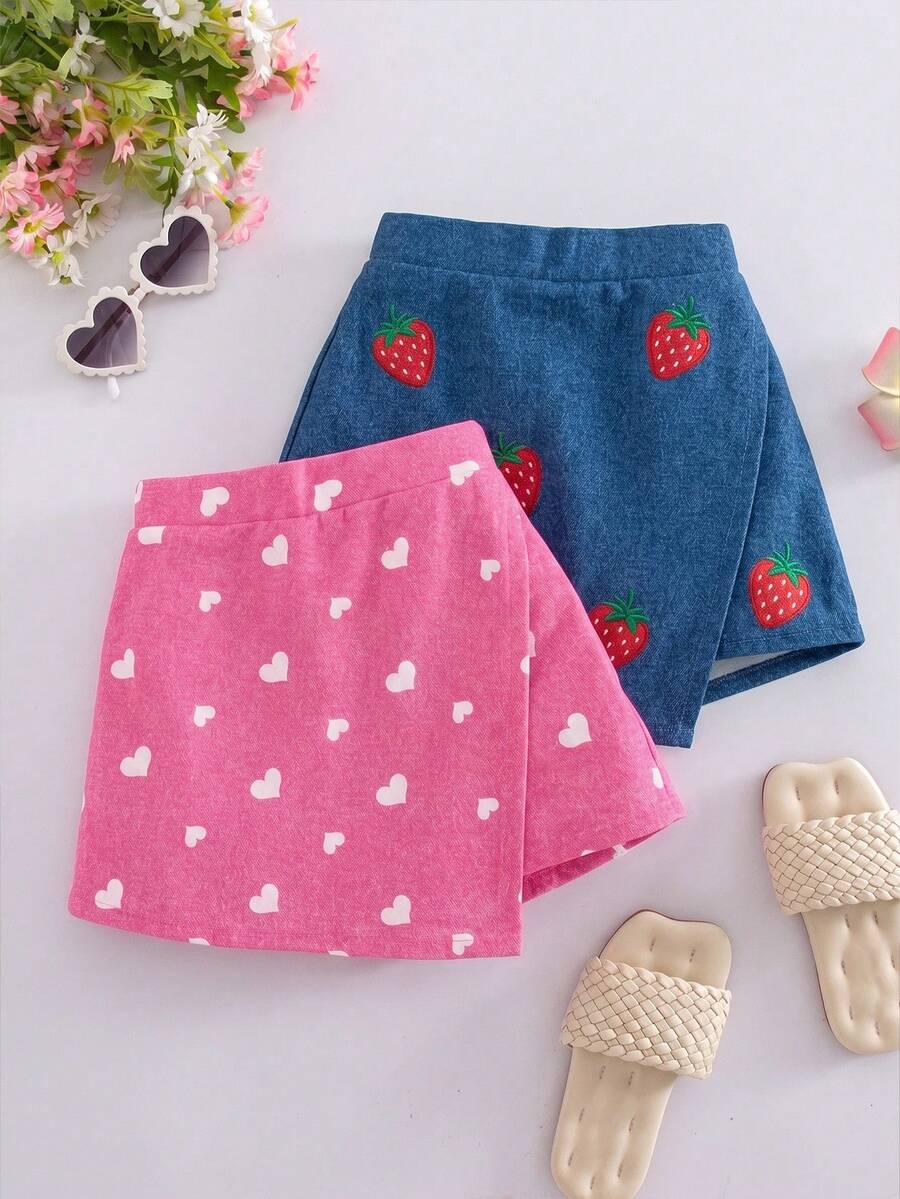 SHEIN Elladie kids 2件/組 少女活力度假風 仿牛仔印花不對稱短褲,向日葵、愛心、臉孔圖案,藍色與粉色組合,適合夏季出遊 - 彩色 - 查看 1