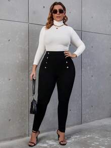 Vionelle Plus High Waist Button Detail Skinny Pants Fall Cloth For Women - Black - View 4