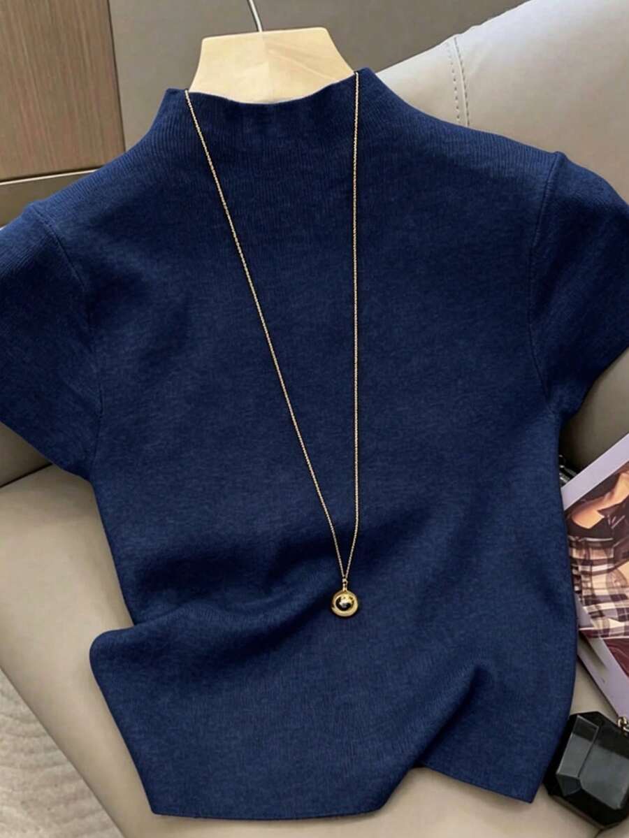 Resyla Women's Casual Solid Color Mandarin Collar Knit Top, Summer - Navy Blue - View 1