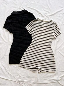Soleia Conjunto de 2 piezas de mono casual de mujer con mangas cortas y botones al frente, con falda desmontable - Blanco y Negro - Ver 2