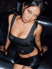 Flirla 女士性感时尚水钻装饰休闲吊带背心，适合音乐节、通勤和日常穿着 - 黑色 - 查看 3