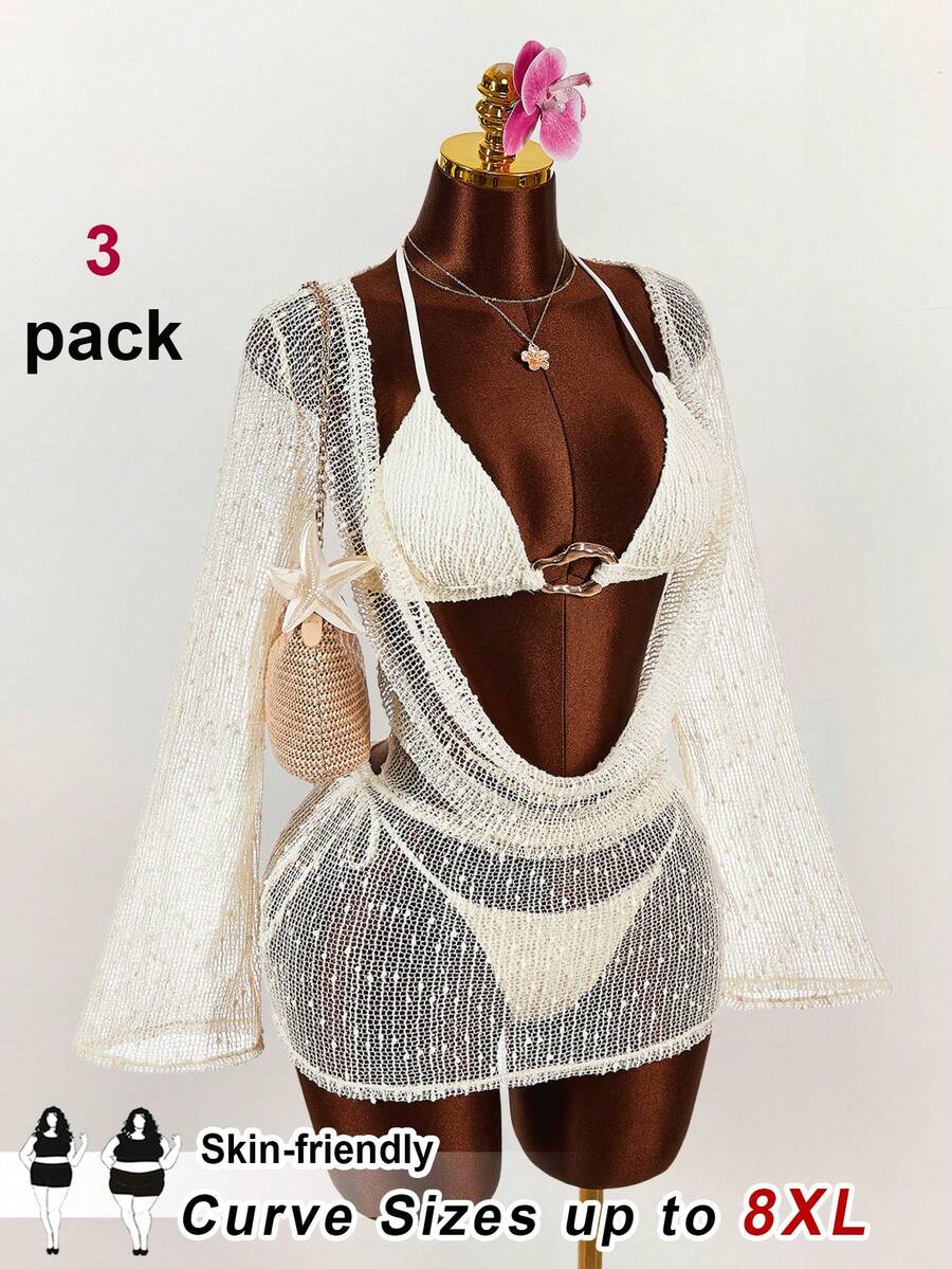 SHEIN CURVE+ 3件套加大码女士性感深V领比基尼套装 - 上衣、下装和罩衫 - 白色 - 查看 1