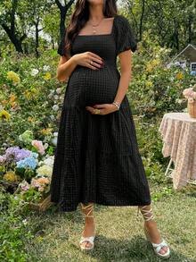 Lyckli Maternity Solid Color Square Neck Ruched Casual Minimalist Daily Wear Dress - Black - View 3
