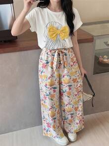 SHEIN 少女碎花蝴蝶结装饰吊带背心和休闲裤套装，夏季假期 - 黃色 - 查看 1