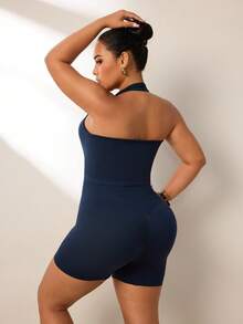 SHEIN Rhythm Era Plus Size Women Summer Minimalist Navy Seamless Halter Top And High Waist Shorts Sports Set - Navy Blue - View 2