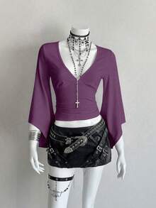 EgrlEra Deep V-Neck Sexy Mid-Length Fitted T-Shirt - Purple - View 6