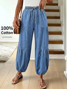 Easowa Quần jeans nữ ống côn eo dây rút phong cách casual, thời trang Y2K dễ thương coquette, thanh lịch, phù hợp đi làm công sở, đi chơi, đi biển, dự tiệc, đám cưới, lễ tốt nghiệp, đi du lịch, lễ hội mùa hè, streetwear cho nữ - Màu xanh lam - Xem 1