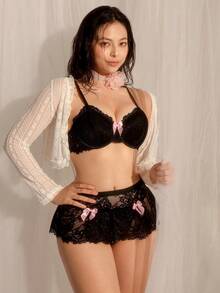 Bộ đồ lót áo ngực và quần lót ren hoa có gọng nơ phía trước, Kawaii - màu đen - Xem 4