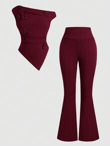 SHEIN 少女休闲酒红色3D立体花卉装饰针织修身上衣和喇叭裤套装 - 酒紅色 - 查看 3