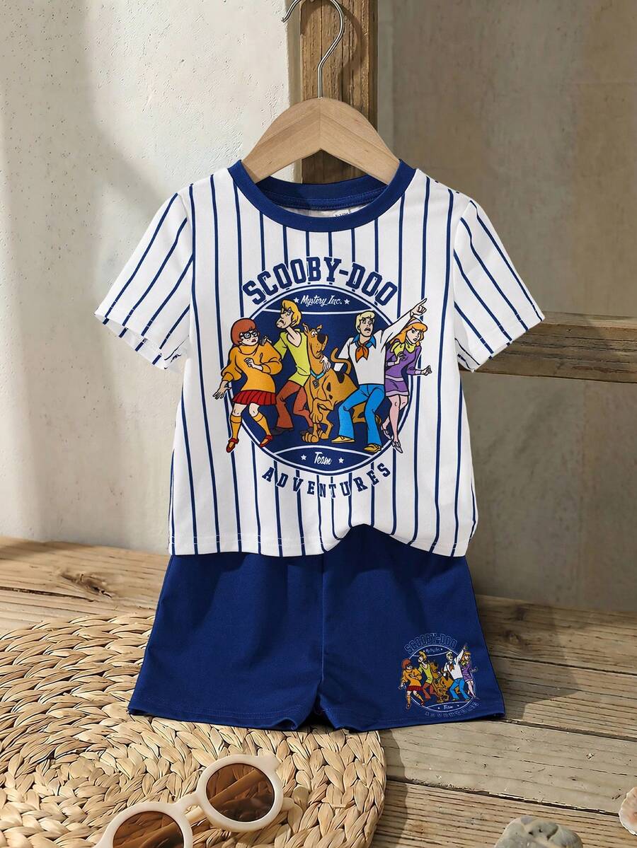 SCOOBY-DOO X SHEIN 男婴字母条纹短袖T恤和短裤休闲套装 - 寶藍色 - 查看 1