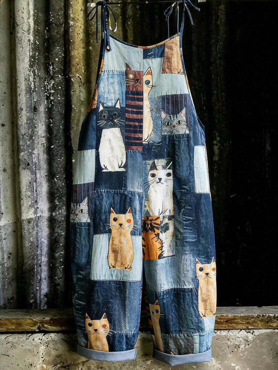 EMERY ROSE Plus Size Women Casual Cat Print Jumpsuit - Multicolor - View 1