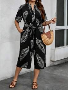 EMERY ROSE Mono informal y cómodo de talla grande con estampado de hojas aleatorio para mujeres - Negro - Ver 3