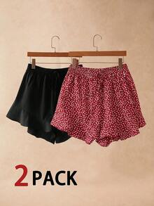 Elaquor Plus Size Solid Color Shorts With French Ruffle Hem - Red - View 5