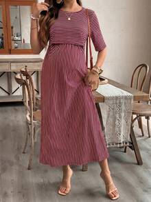 SHEIN Maternity & Nursing Striped Round Neck Short Sleeve Casual Dress - Burgundy - View 3