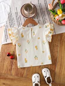 SHEIN Young Girl Floral Pattern Round Neck Ruffle Sleeve Cute Blouse - Yellow - View 2