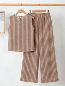 SHEIN Clasi 女士条纹褶皱吊带背心和阔腿裤休闲两件套 - 粉色 - 查看 2