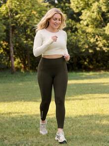 In My Nature Plus Size Women's Letter Print High Waist Elastic Slimming Sports Leggings - Army Green - View 7