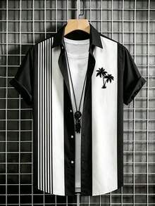 Manfinity Homme 男士条纹棕榈树图案短袖休闲衬衫 - 彩色 - 查看 2