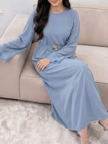 Veilorie Elegant Arabic Style Floral Patchwork Round Neck Waist Cinched Long Sleeve Dress - Blue - View 4