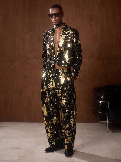 AKNOTIC Men's Gold Foil Long Sleeve Jacket And Pants Casual Suit Set