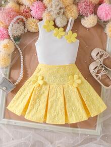 Elladie kids 春夏少女黃色與白色對比花卉裝飾無袖上衣與白色百褶裙套裝，甜美可愛，適合日常穿著、戶外、玩耍、旅行 - 黃色 - 查看 3