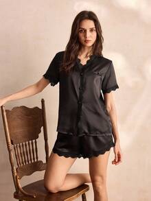 Charlaine Lace Trim Satin Pajama Set - Black - View 6