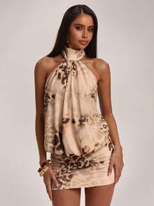 SHEIN BAE Đầm ôm sát họa tiết da báo, dây mảnh, hở lưng, kiểu dáng thường ngày dành cho nữ, thích hợp cho kỳ nghỉ biển, tiệc biển, tụ họp bạn bè, phong cách Y2K, lễ hội âm nhạc, đầm đi biển, đầm ngắn họa tiết da báo, đầm mùa hè, đầm đi nghỉ mát. - Màu be - Xem 5