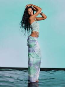Barévion Women's Summer Camisole Top, Sexy Party Beach Wear, Tie-Front Beaded Fitted Ruched Crop Top - Green - View 2
