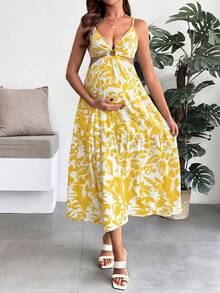 SHEIN 印花腰线无袖休闲孕妇连衣裙 - 黃色 - 查看 5